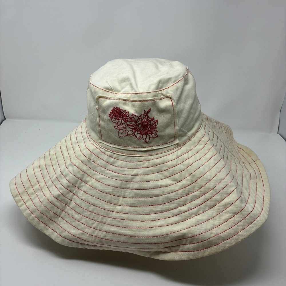 Womens Wide Brim Canvas Sun Hat Cream Red Contrast Stitch Floral‎ Embroidery